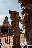 The great Chola temples of Tamil Nadu - The Brihadishwara Temple of Thanjavur. Decorations of the pillar of the  pavilion of Nandi. 